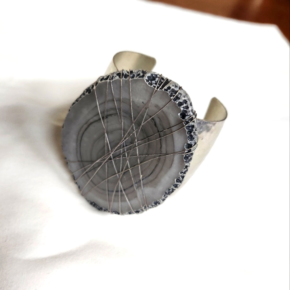 Hammered silver and stone bracelet